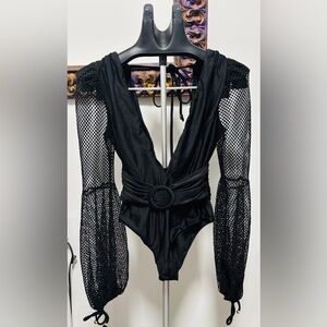 PatBO Anthropology Black Crochet Sleeves Plunge Belted One Piece Swimsuit M
